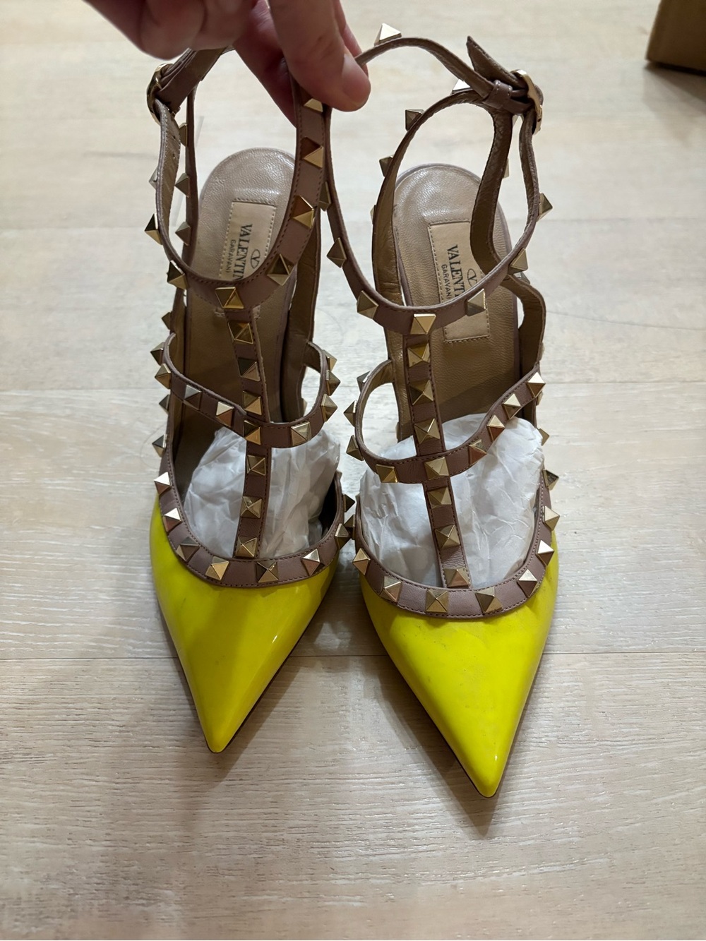 Valentino Garavani Yellow Patent Leather Rockstud T-Strap Pumps